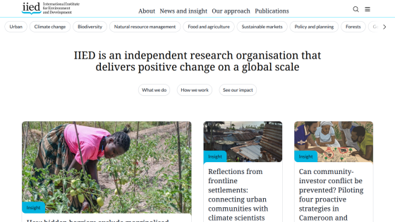 Homepage of IIED featuring a research overview and links to insights.