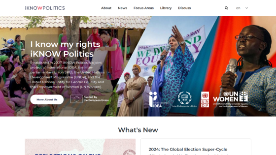 iKNOW Politics homepage with a hero section about rights and empowerment, featuring diverse women and organizational logos