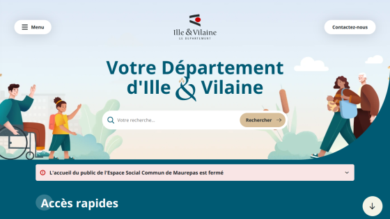 Website header and hero section with search bar and welcoming text for Ille & Vilaine department