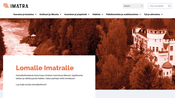 Imatra city website with navigation menu and hero section promoting holidays in Imatra's nature and events