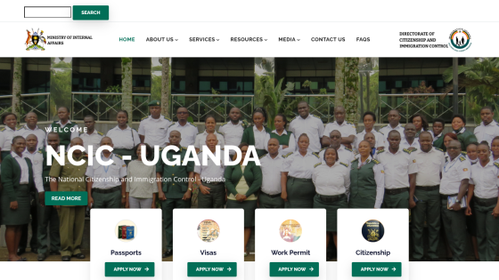 Ministry of Internal Affairs website with navigation and application options for Passports, Visas, Work Permit, and Citizenship