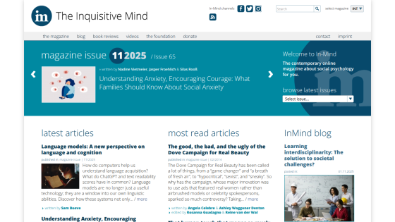 The Inquisitive Mind homepage with magazine issue 11 2025 featured article on social anxiety and sections for latest articles, most read articles, and blog posts.