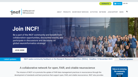 INCF website inviting users to join the community for collaboration and neuroinformatics strategy with navigation menu and latest updates