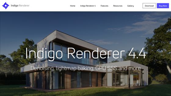 Indigo Renderer 4.4 homepage with a modern house background and features like denoising and lightmap baking