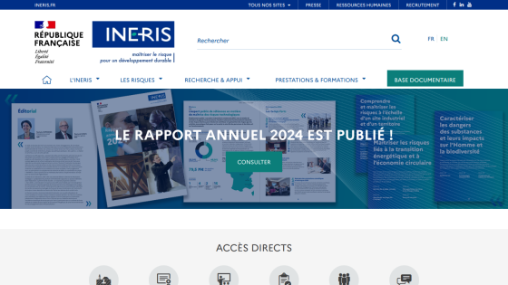 INERIS website featuring the announcement of the 2024 annual report.