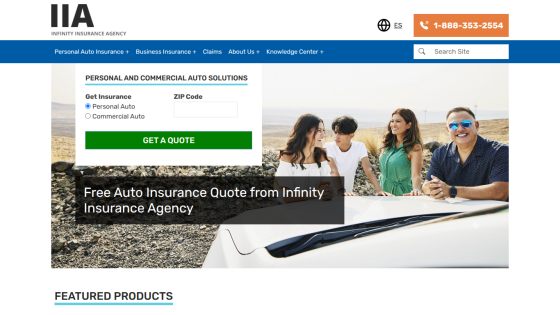 Infinity Insurance Agency homepage with auto insurance quote form and headline about budget-friendly auto insurance.