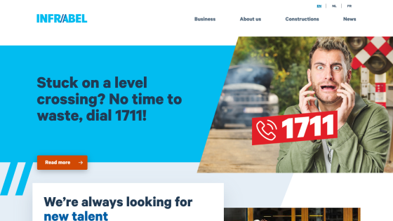 Infrabel website hero with call to action for level crossing emergency number 1711 and recruitment message