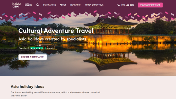 Travel website offering cultural adventure holidays in Asia with a destination selection button and contact info