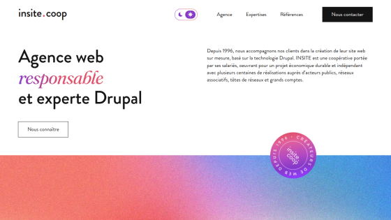 Web agency homepage highlighting expertise in responsible web design and Drupal with contact button