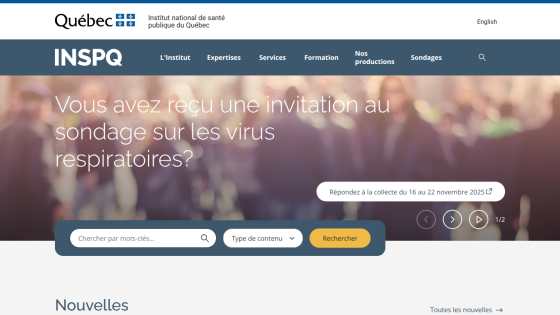 INSPQ Quebec public health site inviting participation in respiratory virus survey with search bar and navigation menu.