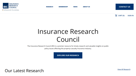 Insurance Research Council homepage with navigation, headline, description, and explore research button