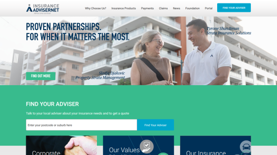 Insurance Adviser website with proven partnerships message, adviser search by postcode, and navigation menu