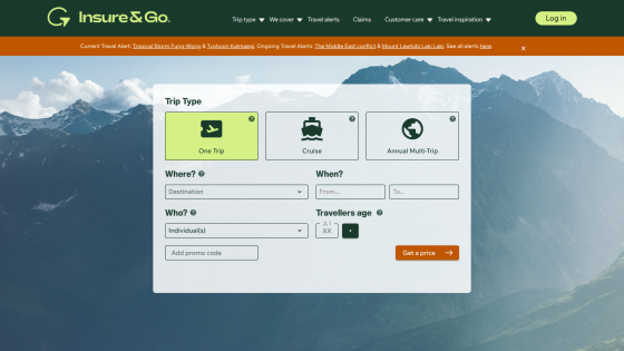 Travel insurance site with trip type selection, destination, dates, travelers age, and promo code fields