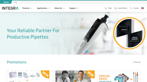 Homepage of Integra featuring pipettes with tagline 'Your Reliable Partner For Productive Pipettes' and promotions section