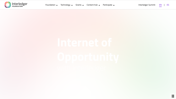 Interledger Foundation website with navigation menu and headline 'Internet of Opportunity with Interledger'