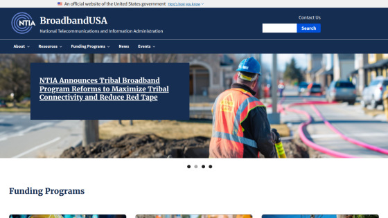 BroadbandUSA homepage with NTIA tribal broadband program announcement and navigation menu