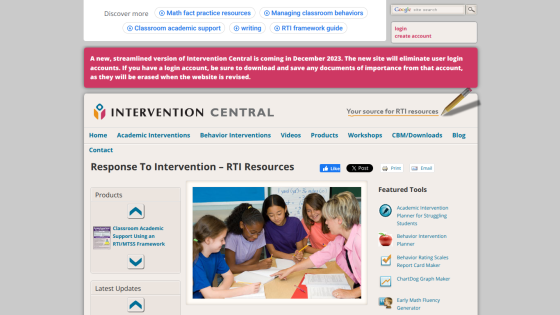 Intervention Central homepage with navigation, login, announcement banner, and image of teacher with students working together