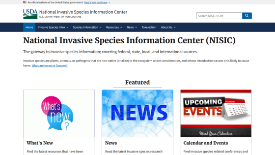 Homepage of the National Invasive Species Information Center featuring news and events.