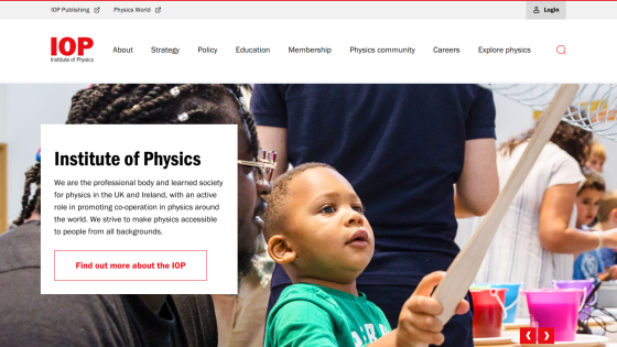Institute of Physics homepage featuring a child engaging with physics activities and key information about the organization.