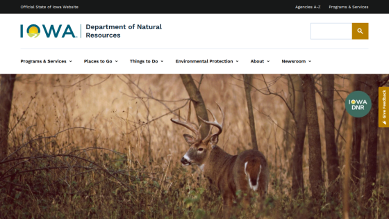 Homepage of Iowa Department of Natural Resources featuring a deer in a natural setting.