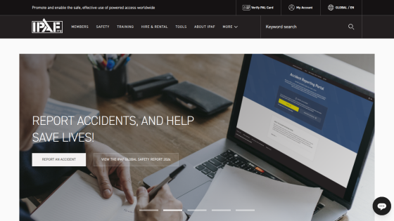 IPAF website homepage with navigation bar and hero section promoting accident reporting and safety