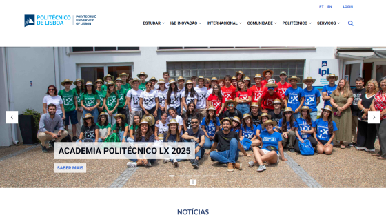 Group photo of students in colorful shirts with text 'ACADÉMIA POLITÉCNICO LX 2025' prominently displayed.