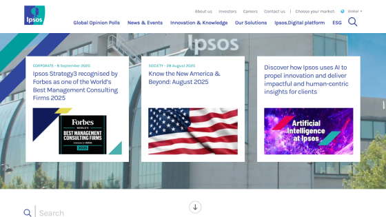Ipsos website showcasing recent reports and innovations with a focus on consulting and AI.