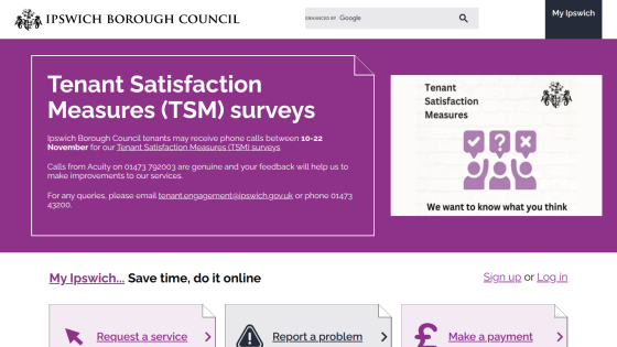 Ipswich Borough Council tenant satisfaction surveys page with navigation and service options
