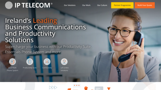IP Telecom homepage highlighting Ireland's leading business communications and productivity solutions with navigation and call to action buttons