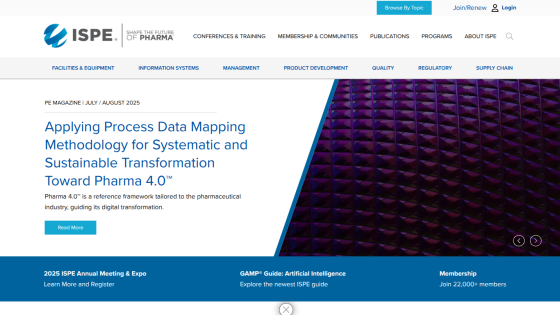 ISPE website featuring a headline on data mapping methodology for Pharma 4.0.