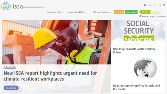 ISSA homepage featuring a report on urgent need for climate-resilient workplaces with a man in safety gear and social security voices section