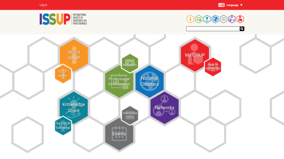 International Society of Substance Use Professionals homepage with hexagonal navigation for About, Professional Development, National Chapters, Networks, and Events