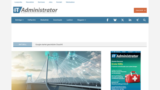 IT Administrator website homepage with navigation menu, social icons, and featured article on disaster recovery and IT system recovery.