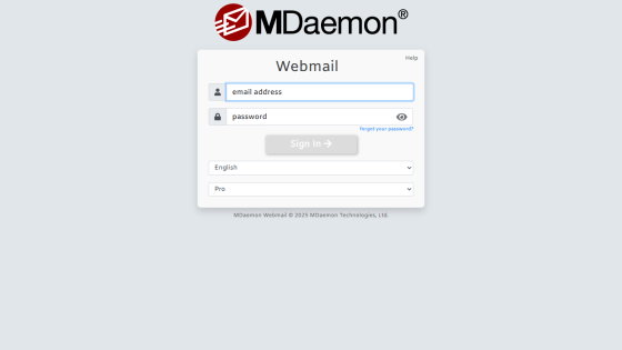 MDaemon Webmail login page with fields for email address and password, language and version selectors