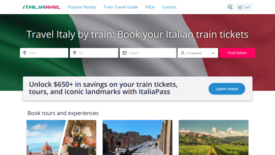 Travel booking interface for Italian train tickets with search fields and promotional offers.