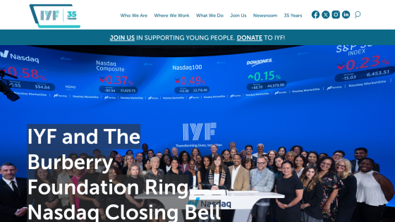 IYF homepage featuring a group photo at Nasdaq Closing Bell event with stock indices displayed above