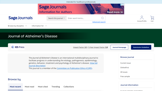 Journal of Alzheimer's Disease homepage with search bar, impact factor, and journal description