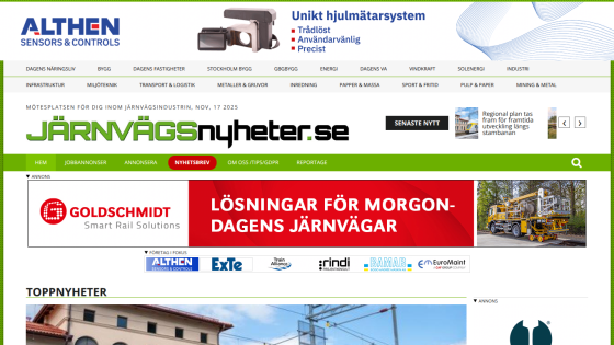 Järnvägsnyheter.se homepage with navigation, news headlines, and railway industry advertisements in Swedish