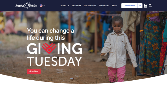 Jewish Voice website promoting Giving Tuesday with a child in the hero image and a call to action to give now