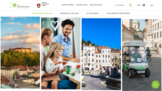 Javni Holding Ljubljana website with navigation menu and images of Ljubljana cityscape, family, and local transport