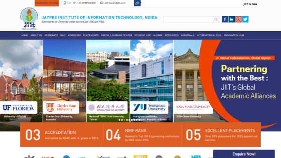 Jaypee Institute of Information Technology Noida homepage featuring global academic alliances and rankings