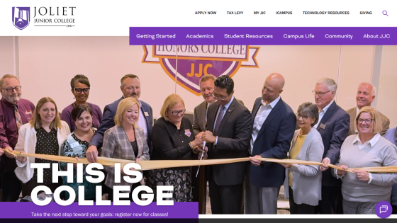 Joliet Junior College website showing a ribbon-cutting event with people celebrating and headline 'This is College'