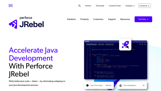 Perforce JRebel homepage promoting accelerated Java development by eliminating redeploys, with navigation and call to action