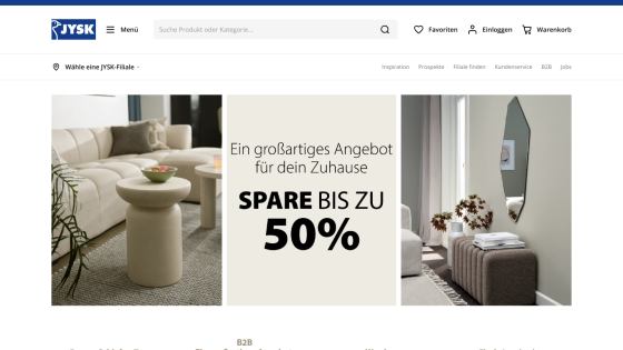 Promotional banner offering up to 50% off home products with images of furniture.