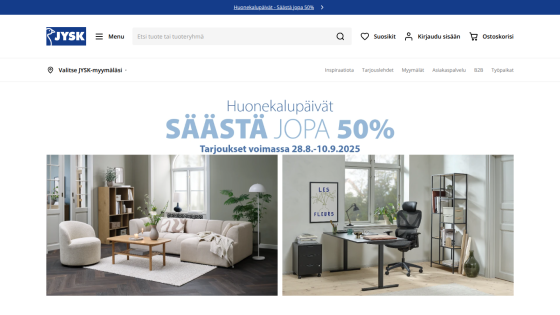 Promotional banner for JYSK with 50% savings on furniture, featuring living room and office setups.