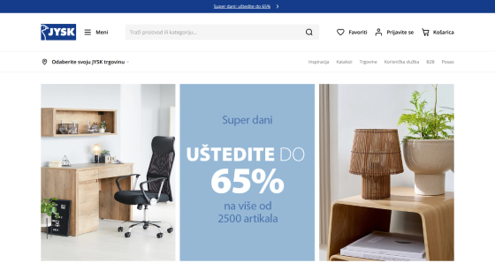 Promotional banner for discounts up to 65% on furniture items with a clean layout.