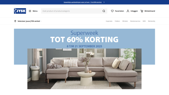 Promotional banner for Superweek with up to 60% discount on furniture.