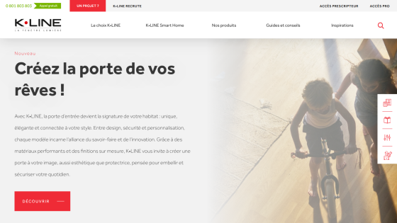 K•LINE homepage promoting customizable, elegant, and secure entry doors with a call-to-action button