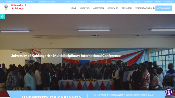University of Kabianga homepage featuring the 4th Multidisciplinary International Conference with a group photo and navigation menu