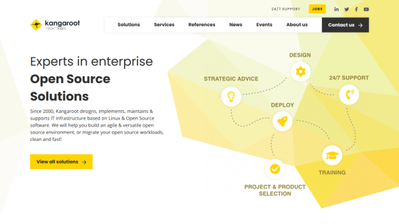 Kangaroot homepage with navigation and headline about enterprise open source solutions and a call to action button